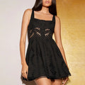 Hollow Out Solid Dresses For Women Square Collar Sleeveless High Waist A Line Mini Patchwork Button Dress Female