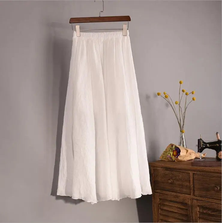 Cotton Linen Maxi Skirt Women Spring Summer Elastic Waist Vintage Solid Pleated Long Skirts Mori Girl Boho Beach Skirt