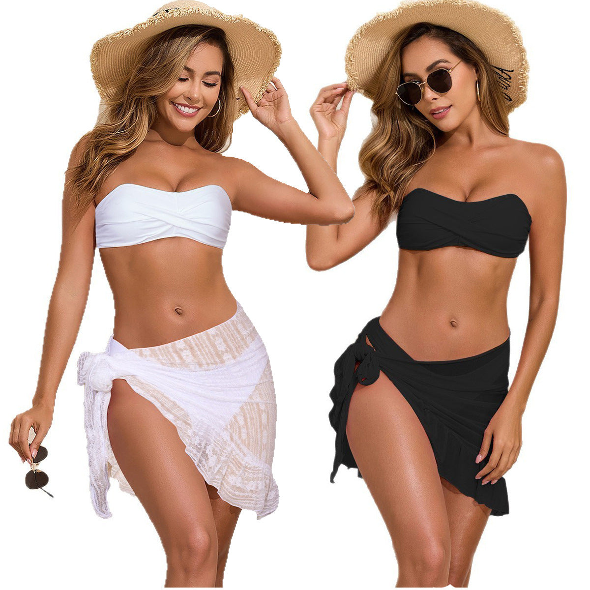 Solid color split strapless bikini three piece set