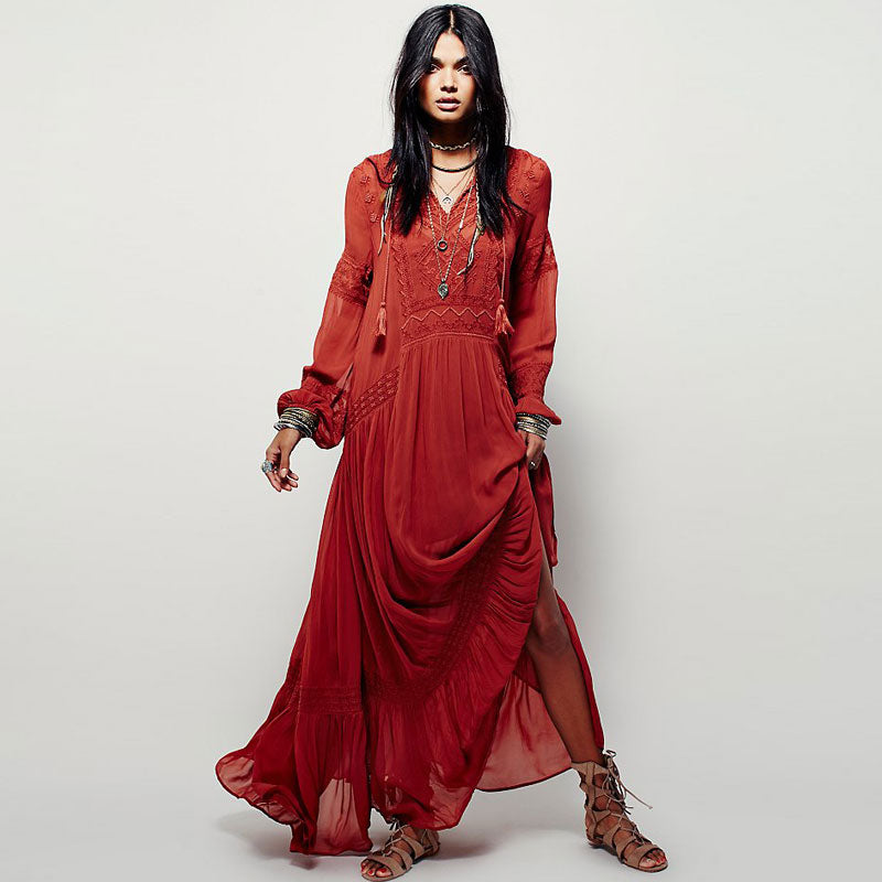 Summer Autumn Ladies Long Sleeve Linen Dress Ethnic Embroidery Hippie Boho People Maxi Robe Long Dress Vestido