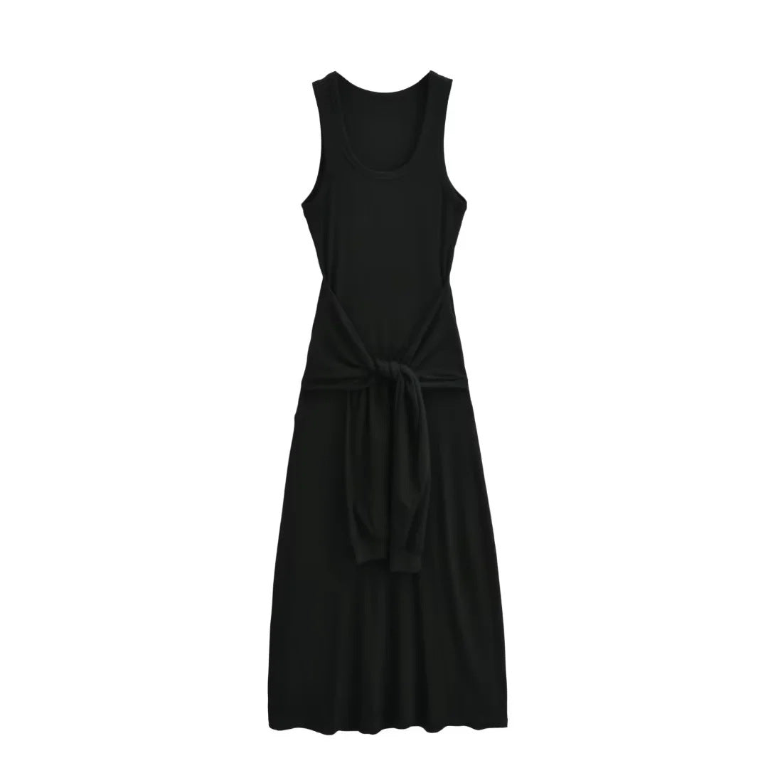 Fake two waist cinched sleeveless vest long dresses