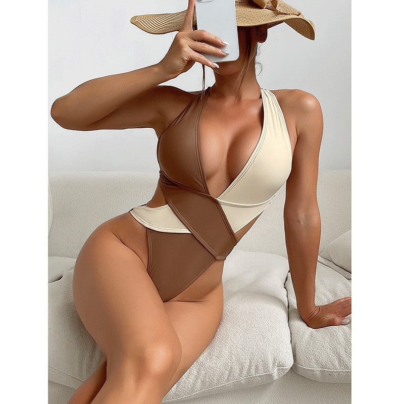 Splicing cross high waisted one-piece swimsuit