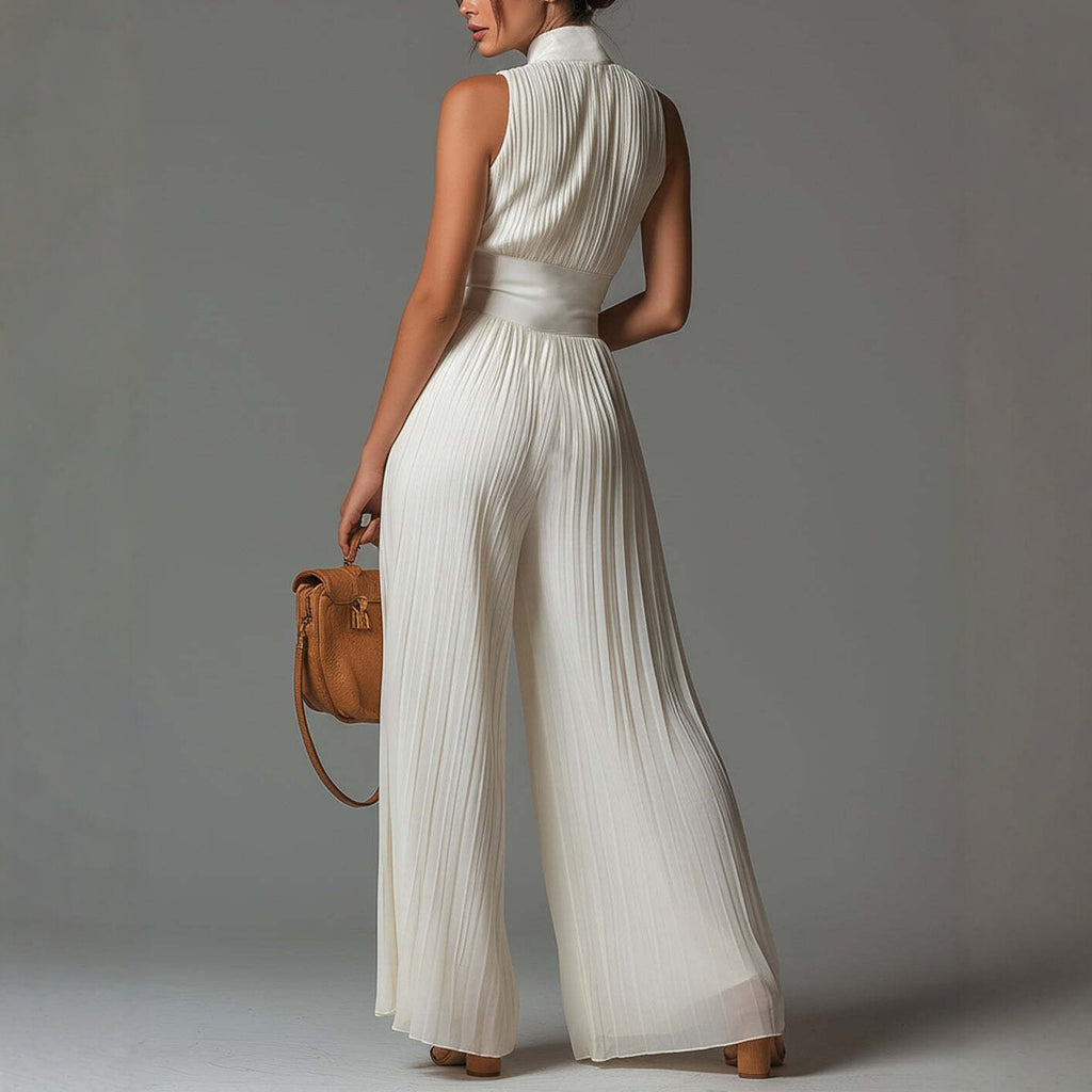 Women’s Pleated Wide Leg Jumpsuit With Strap Neckline