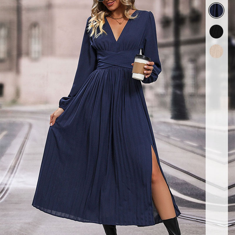 Spring and Autumn European and American women's multi colored long sleeved solid color dresses, medium to long styles
