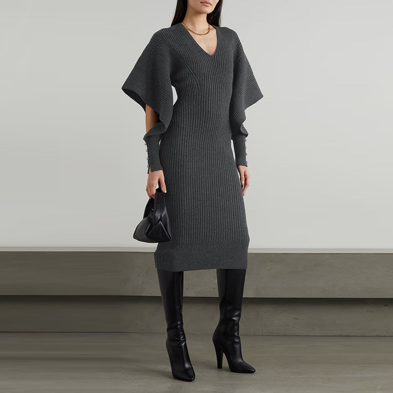 Hollow Out Knitted Dress For Women V Neck Long Sleeve Solid Color 2023 Autumn New Pullover Dresses
