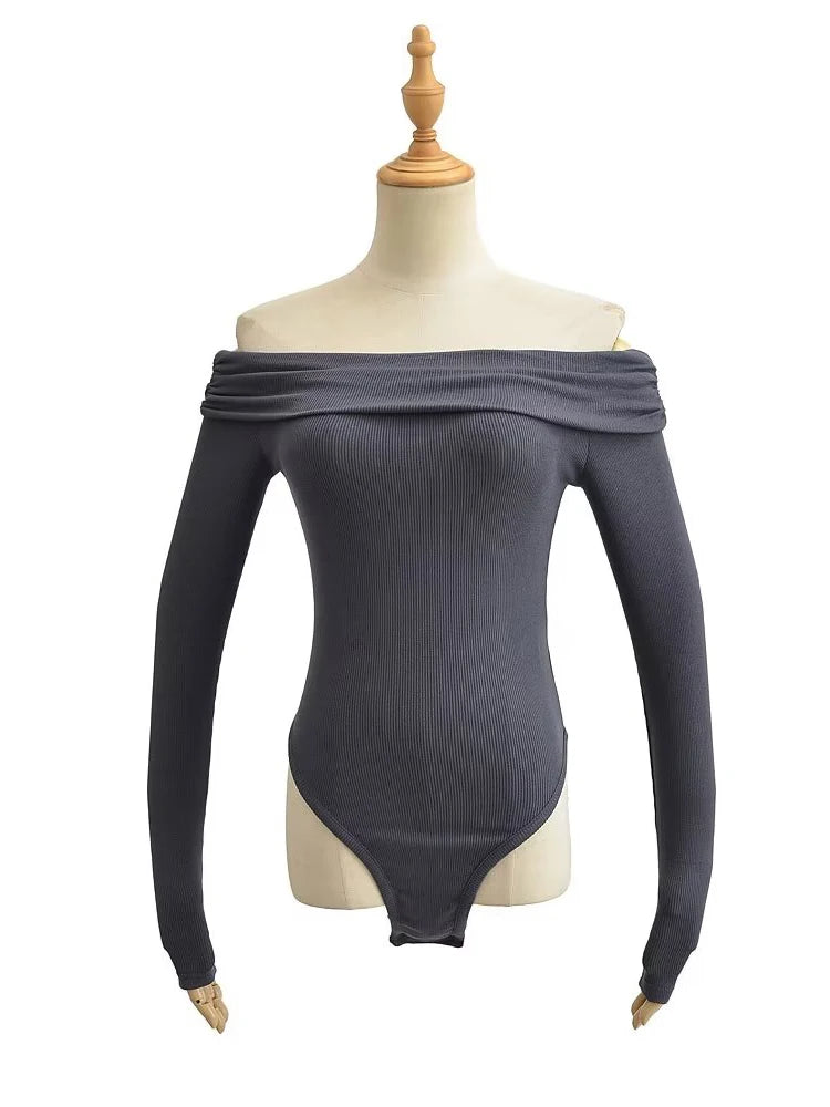 Off Shoulder Long Sleeve Bodysuits Women Knitted Elegant High Stretchable Slim 5 Colors Jumpsuits