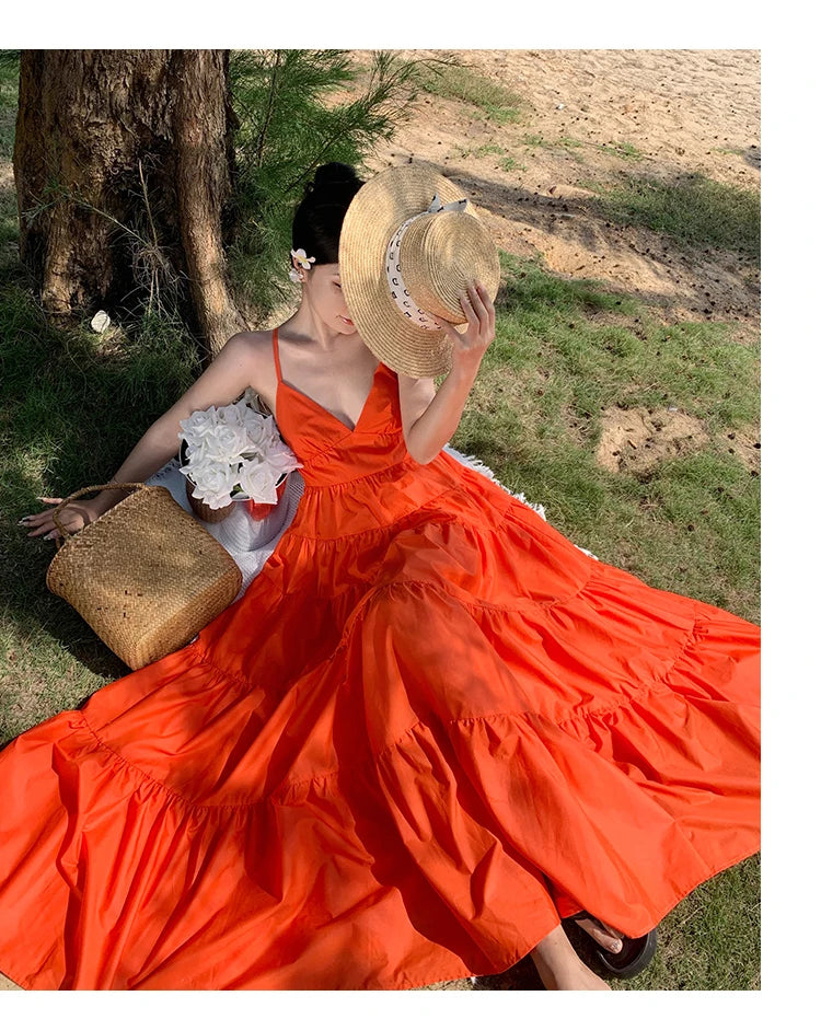Fashion Solid Color A Line Summer Maxi Long Party Dresses Lady Cross Strap Open Back Sundresses