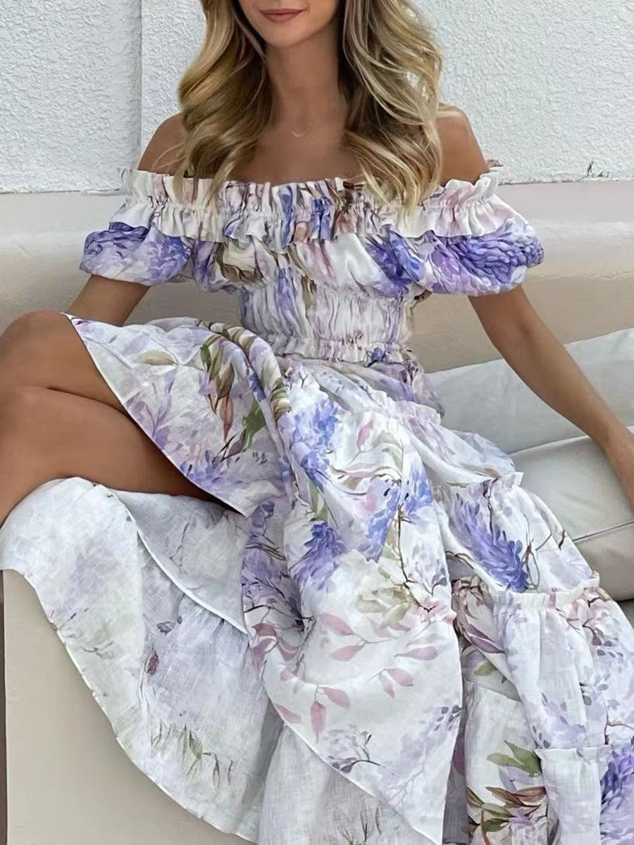Hit Color Print Dresses For Women Slash Neck Short Sleeve High Waist Off Shoulder Dress