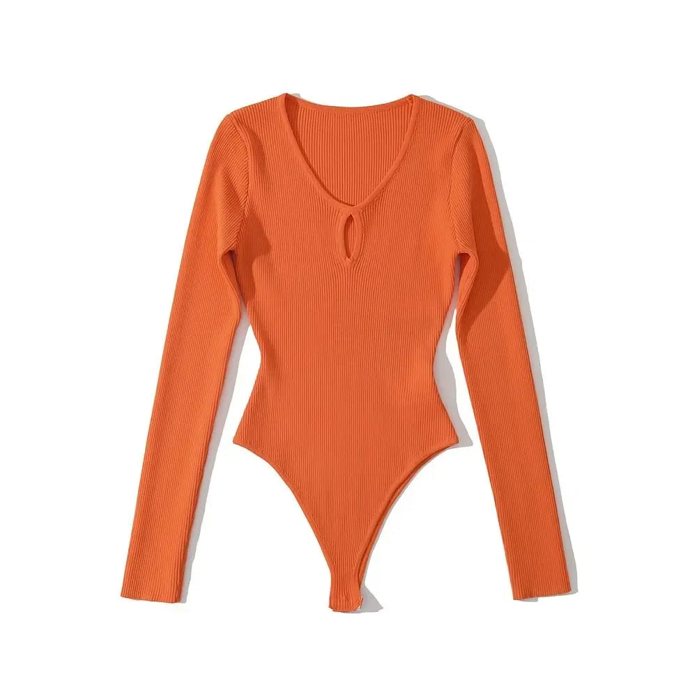 Bodysuit Women Long Sleeve Hollow Out Knitted Stretchable Slim Jumpsuits 3 Colors Tops