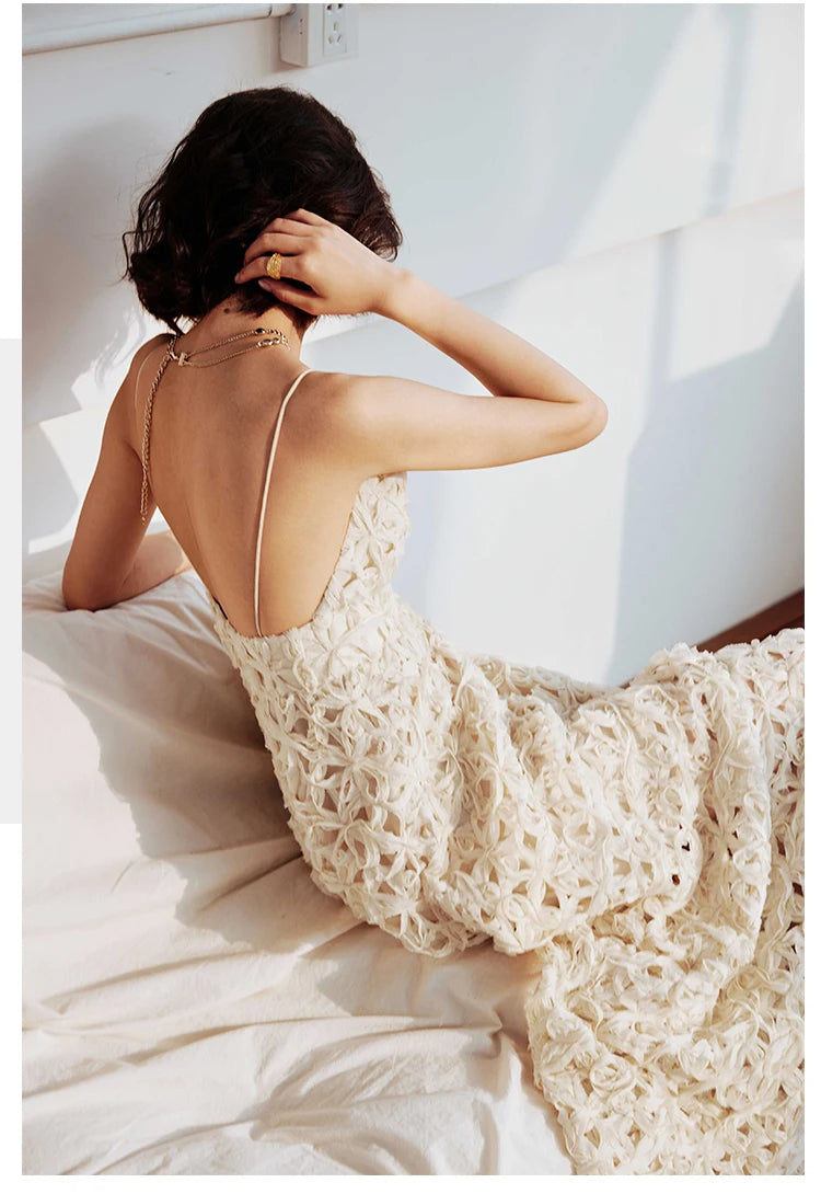 Designer Fashion High Quality Flower Hollow Out A Line Summer Strap Midi Long Dresses Backless Boho Casual Dress