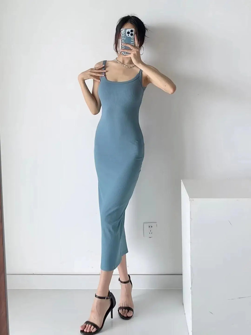 Summer Spaghetti Strap Knits Midi Dress Women Backless Split Slim Elastic 6 Colors Dresses