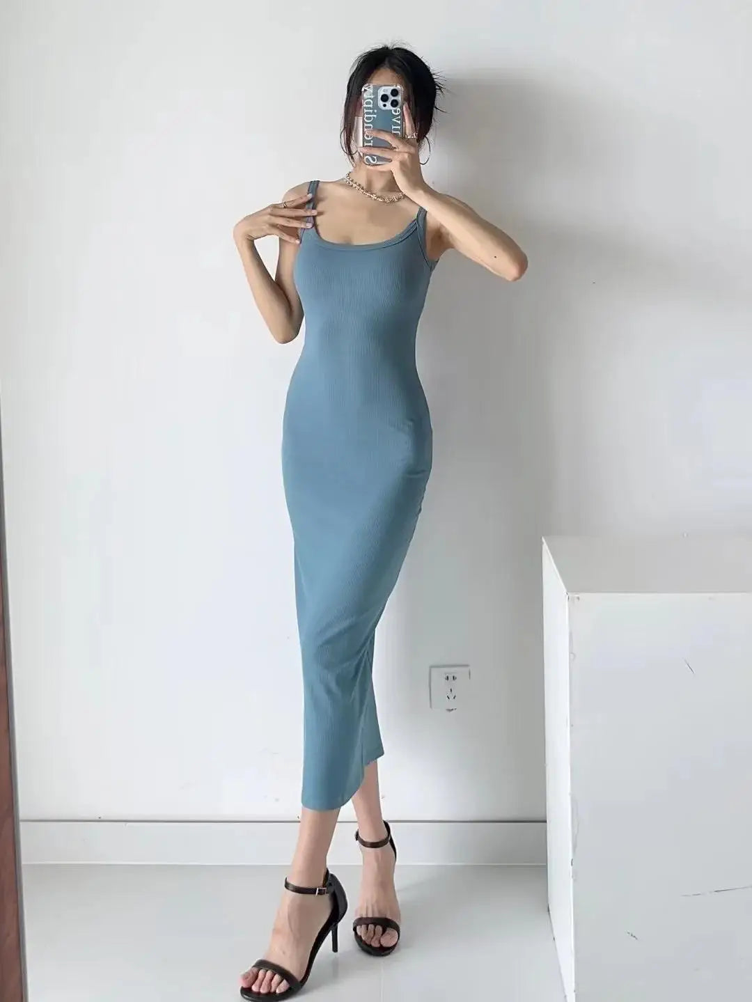 Summer Spaghetti Strap Knits Midi Dress Women Backless Split Slim Elastic 6 Colors Dresses