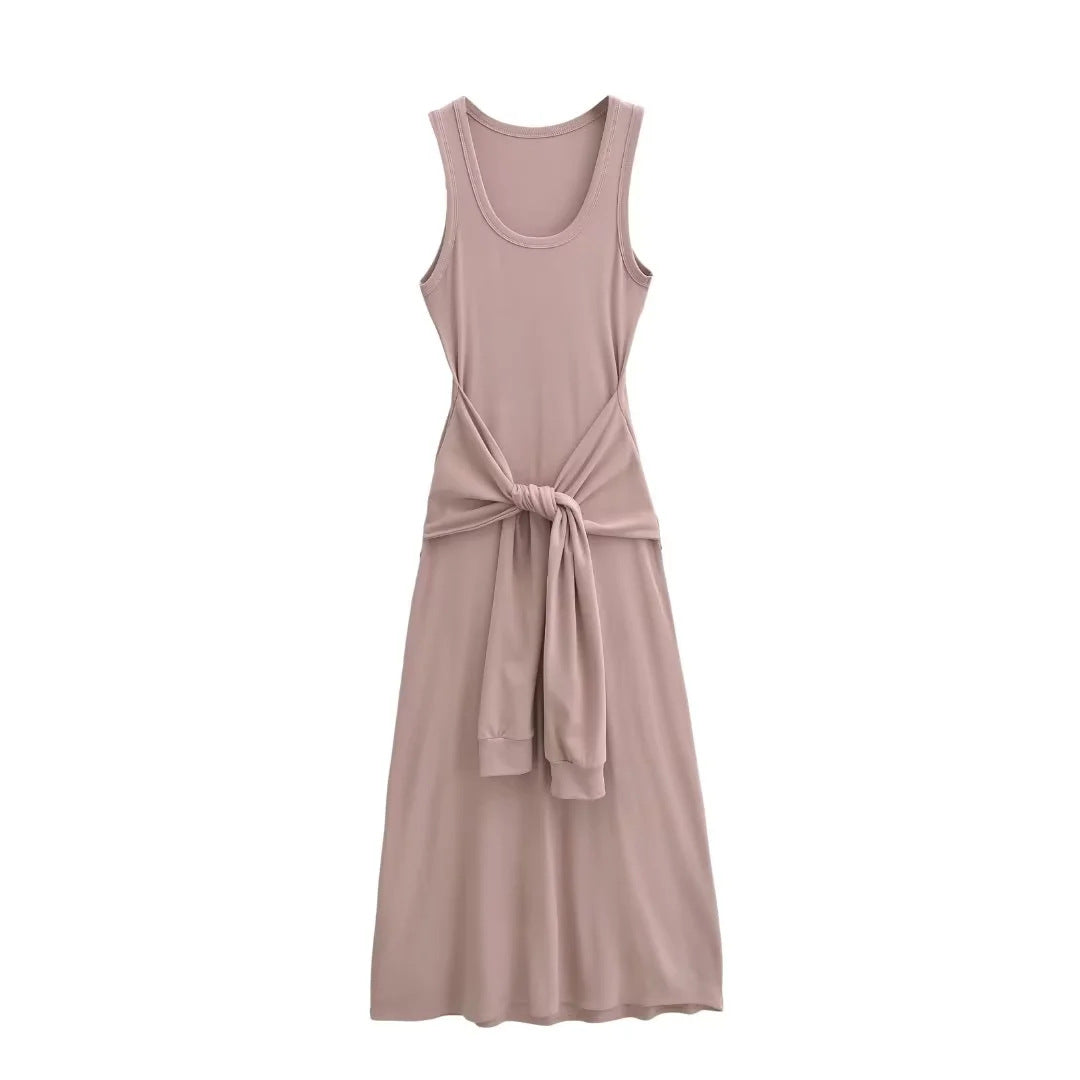 Fake two waist cinched sleeveless vest long dresses