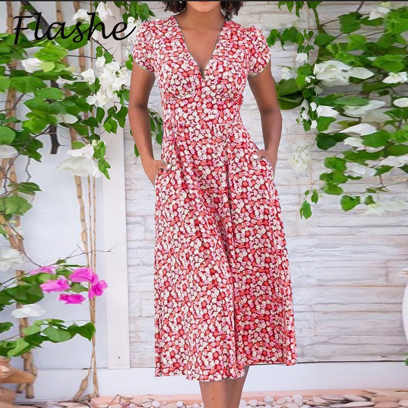 Printed Pocket Boho V-Neck Dress
