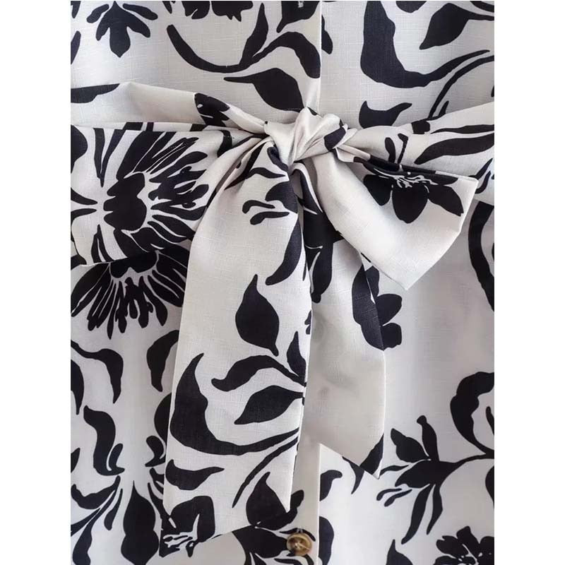 Women Printed Dresses With Bow Belt Summer Flax Elegant Party Short Sleeve Female Causal Mini Dresses
