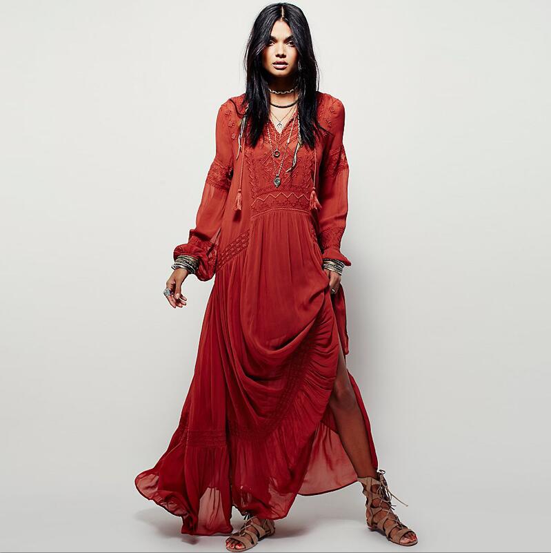 Summer Autumn Ladies Long Sleeve Linen Dress Ethnic Embroidery Hippie Boho People Maxi Robe Long Dress Vestido