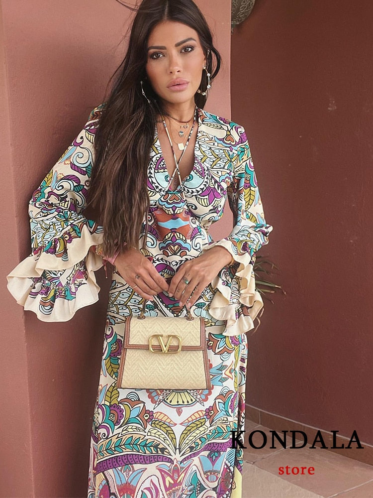 Vintage Flower Print V Neck Loose Long Dress Women Petal Sleeve Ruffles Fashionn Dress Boho Elegant Vestidos