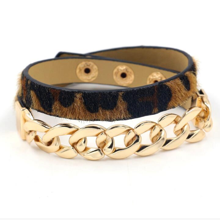 Leopard Bangle Bracelets For Women Boho Gold Color Button Vintage Leather Bracelet Punk Jewelry