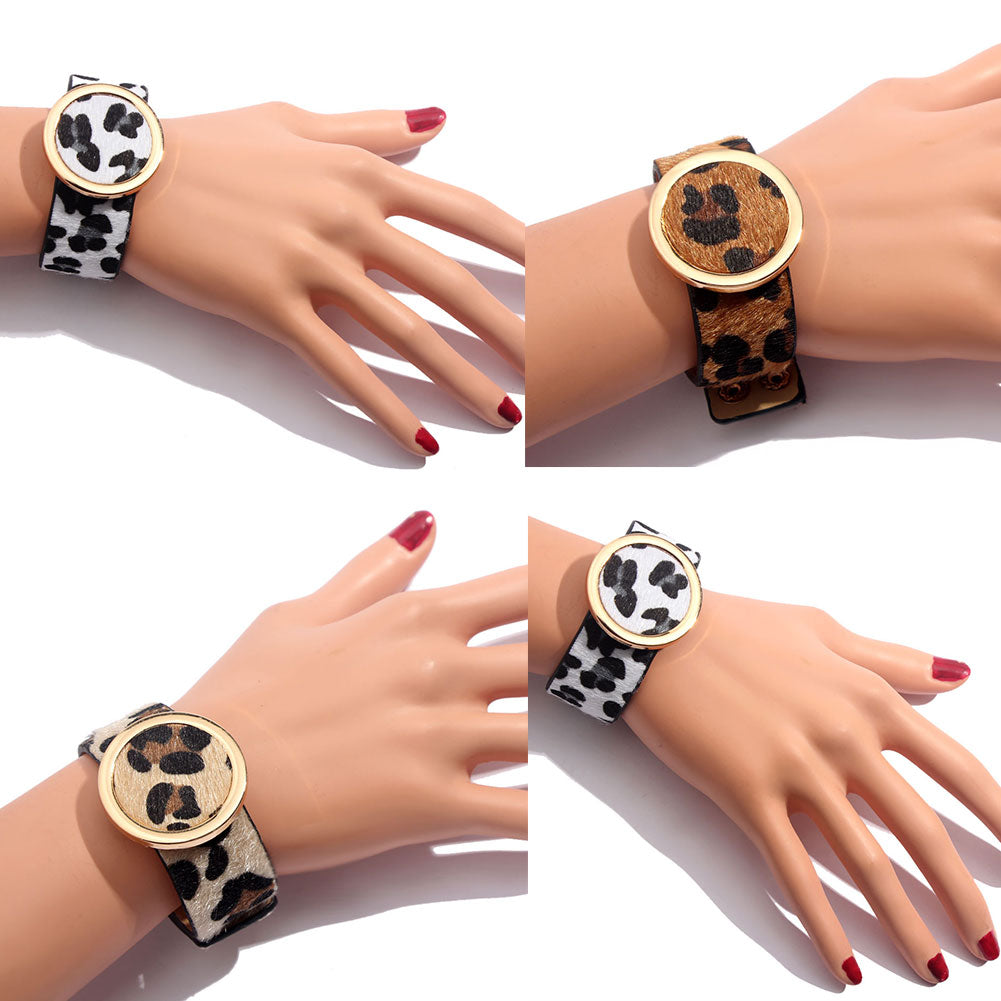 Leopard Bangle Bracelets For Women Boho Gold Color Button Vintage Leather Bracelet Punk Jewelry