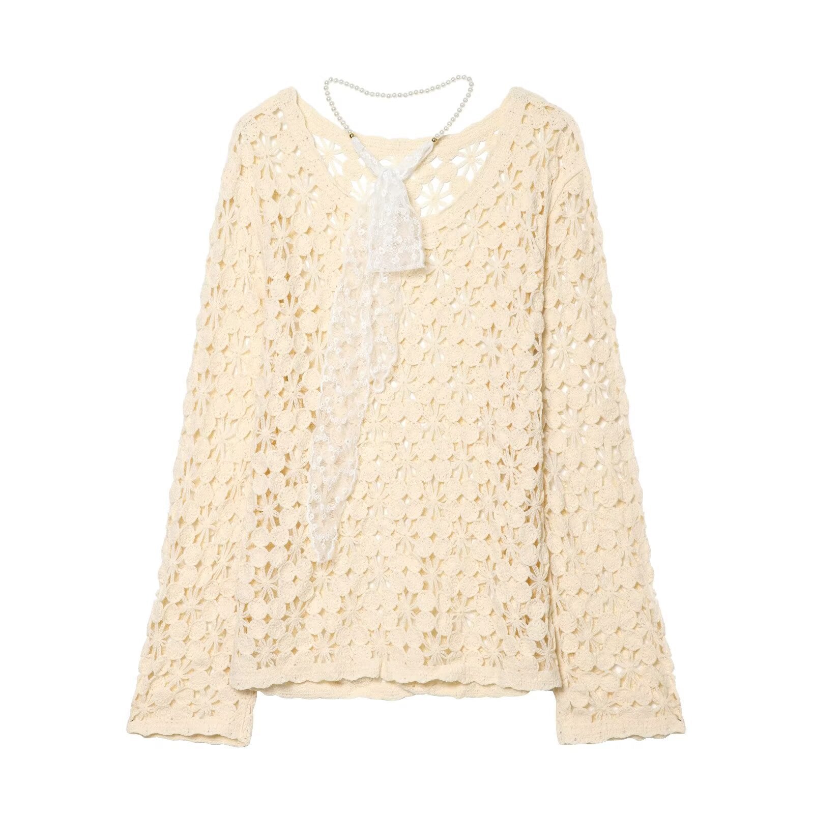 Lace embroidered sleeve crochet hollow long sleeved knitted sweater