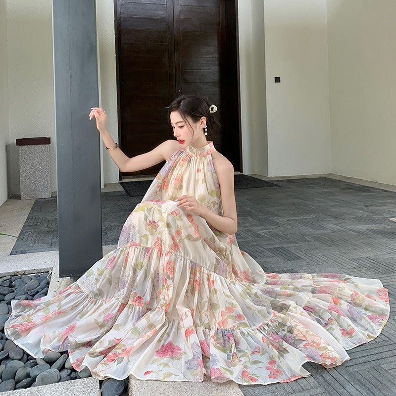 A Line Dress For Women Stand Collar Sleeveless Loose Waist Spliced Ruched Summer Print Long Dresses