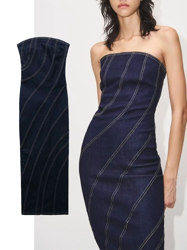 Women Off Shoulder Denim Midi Dress Vintage Bodycon Dresses For Women Sleeveless Elegant Party Dresses