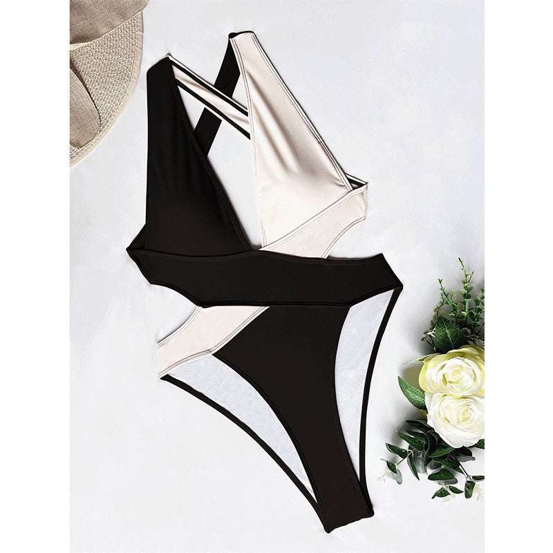 Splicing cross high waisted one-piece swimsuit