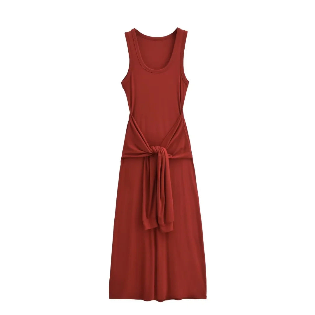 Fake two waist cinched sleeveless vest long dresses