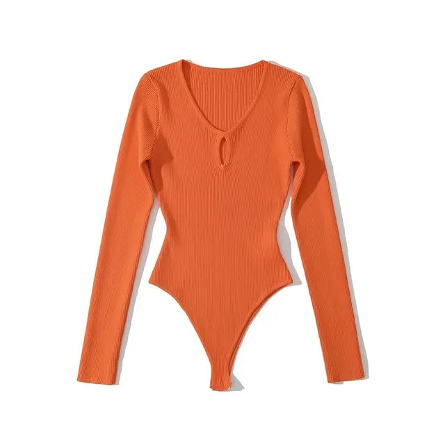 Bodysuit Women Long Sleeve Hollow Out Knitted Stretchable Slim Jumpsuits 3 Colors Tops