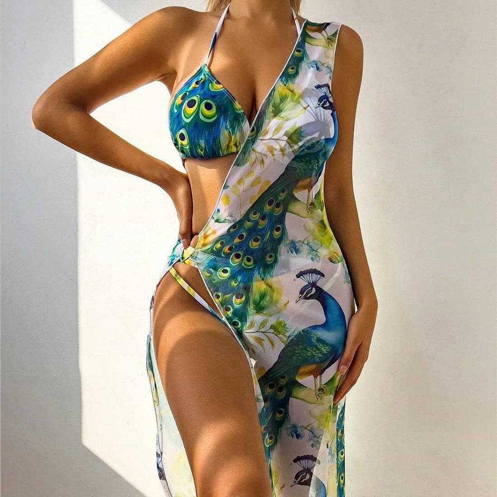 Split swimsuit printed suspender with exposed back