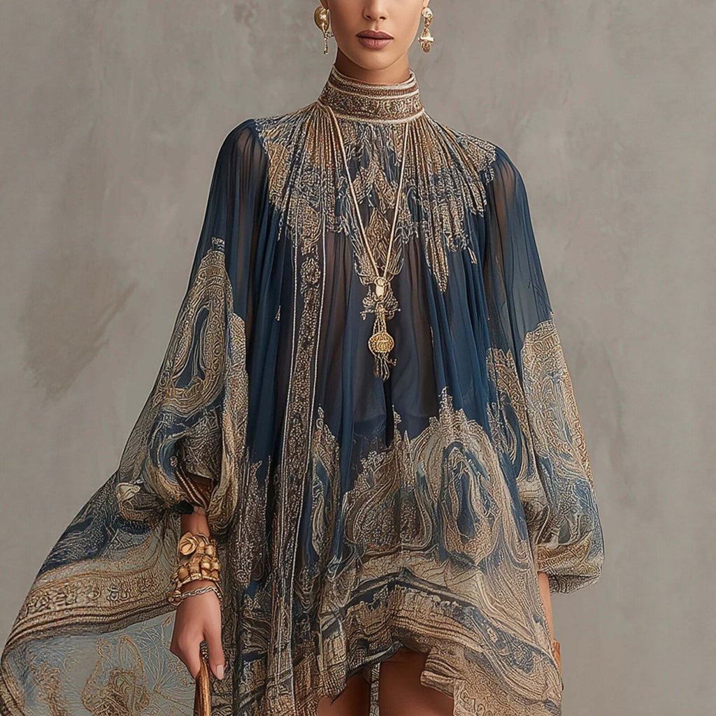 Boho Chiffon Long Sleeve High Neck Mini Dress