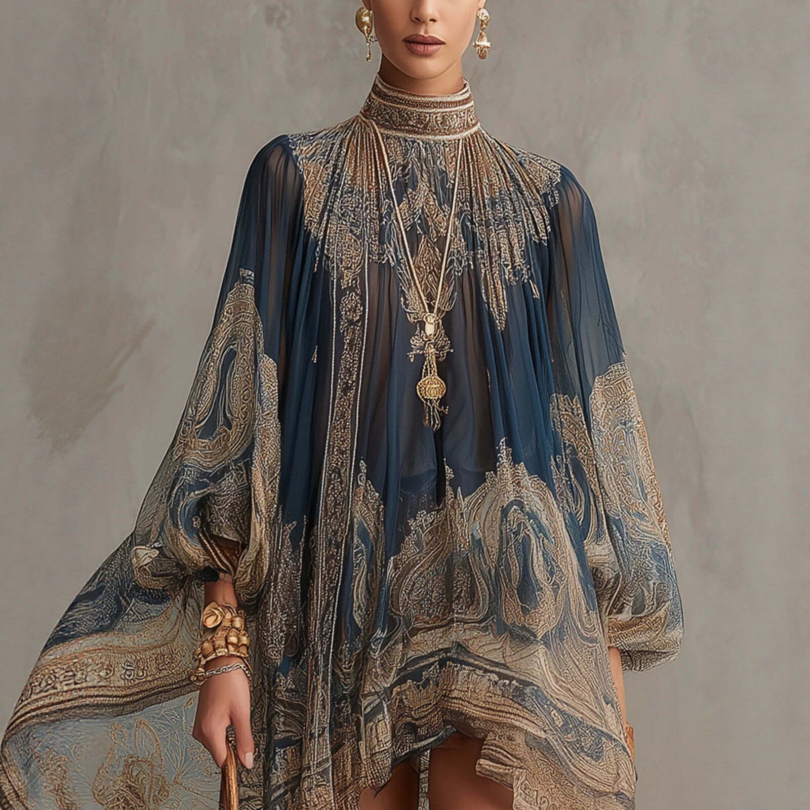 Boho Chiffon Long Sleeve High Neck Mini Dress