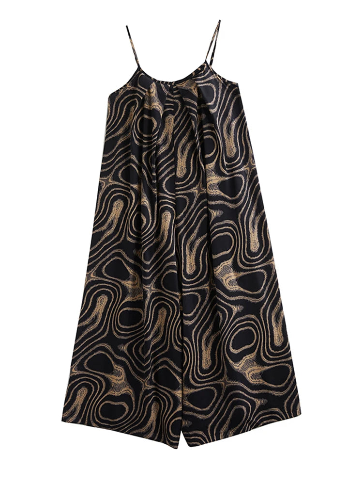 Vintage Jumpsuits Fashion Loose All Match Casual Print  Summer Women New Arrival Sling Appear Thin
