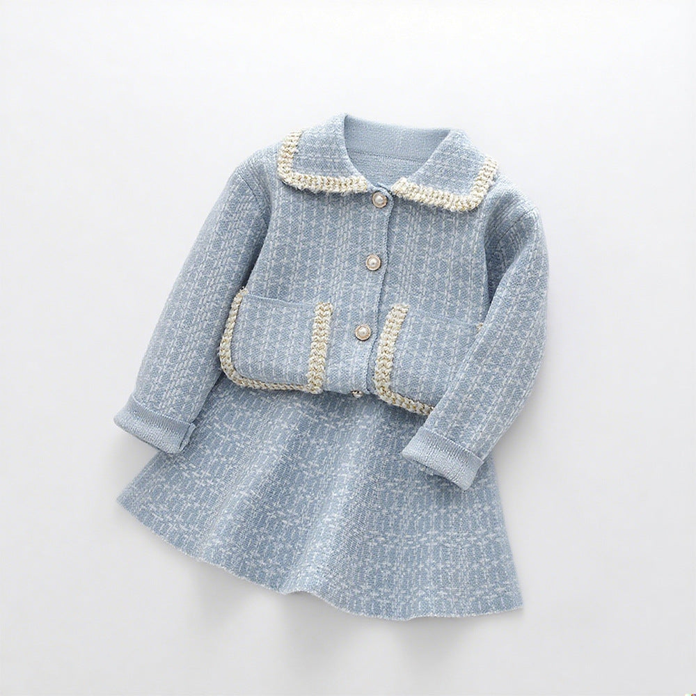Chic Tweed Set for Girls Long Sleeve Jacket and Skirt Two-Piece Outfit