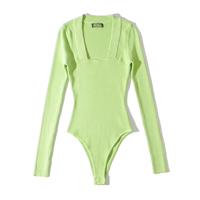 Sexy Slim Square Collar Bodysuit Women Long Sleeve Knitted Elastic Slim Black Jumpsuits