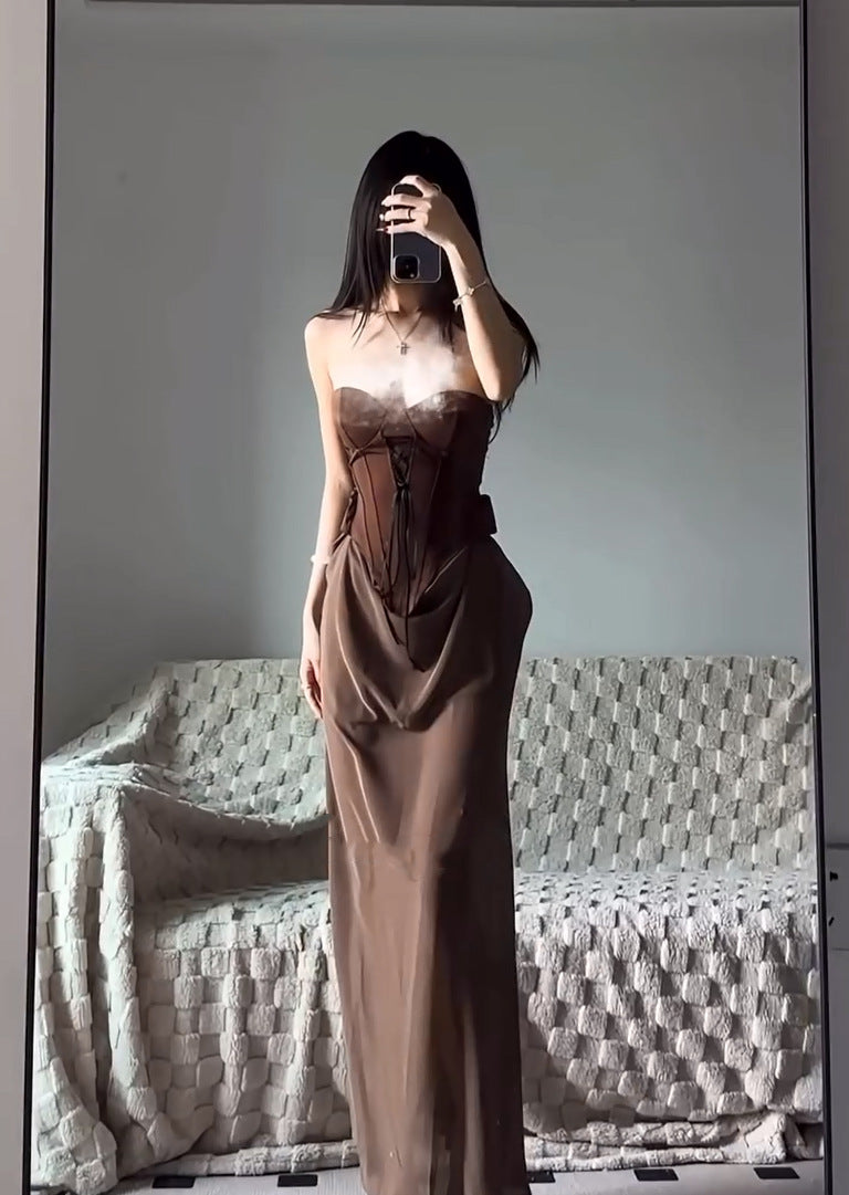 Vintage Retro Strapless Dress with Patchwork Design, Boho Chic Long Cocktail Dress for Women