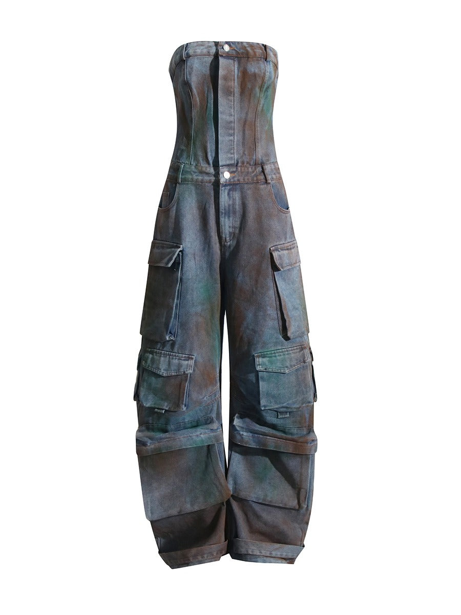 Patchwork Pockets Jumpsuit For Women Strapless Sleeveless High Waist Wide Leg Pant Streetwear Jumpsuits Female