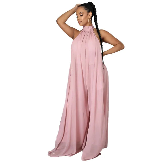 Elegant Holiday Chiffon Jumpsuits Halter Sleeveless High Waist Women Wide Leg Playsuit Open Back Pleated Rompers