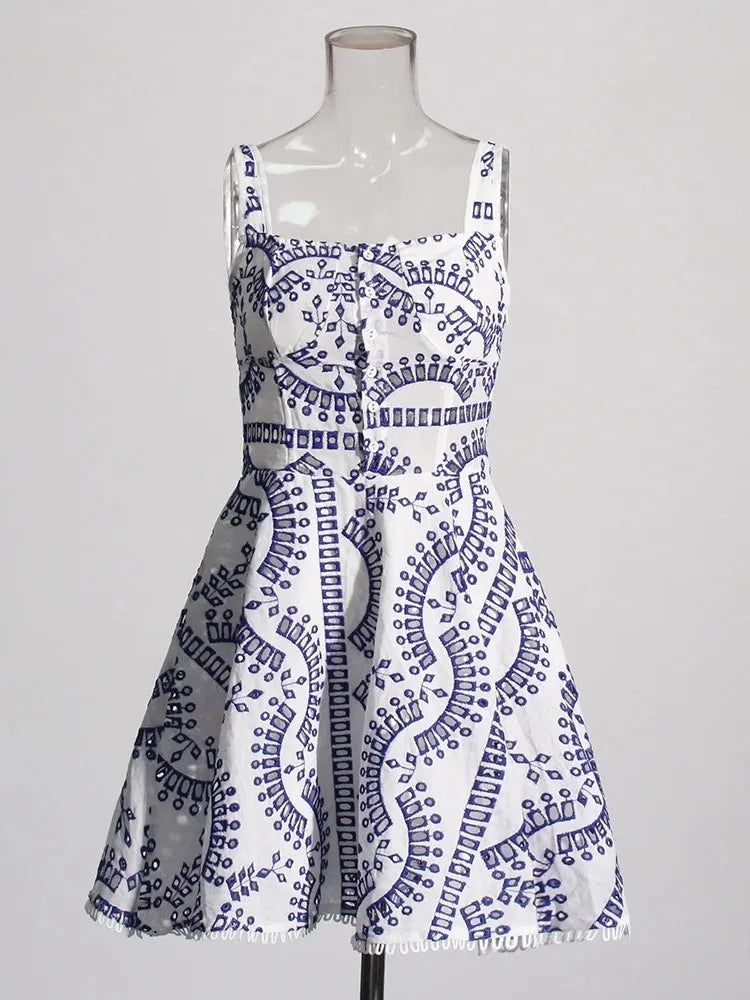 Hollow Out Solid Dresses For Women Square Collar Sleeveless High Waist A Line Mini Patchwork Button Dress Female