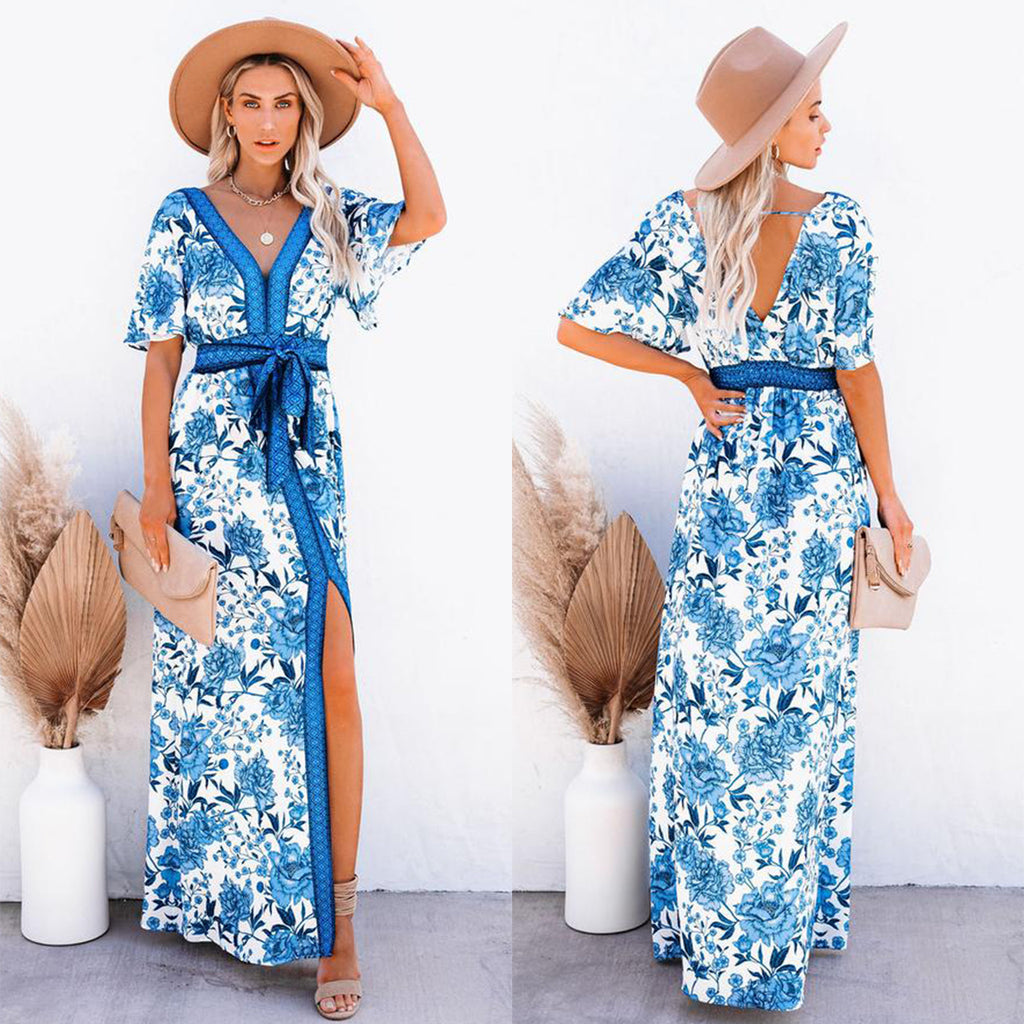 European Style Spring And Summer New Style Floral Slits Tie Temperament Leisure Holiday Style Dress