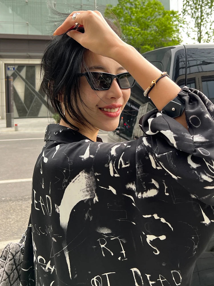 Women Dress Printed Lantern Sleeve Single Breasted Shirt Dress Loose Leisure Oversized Long Dresses