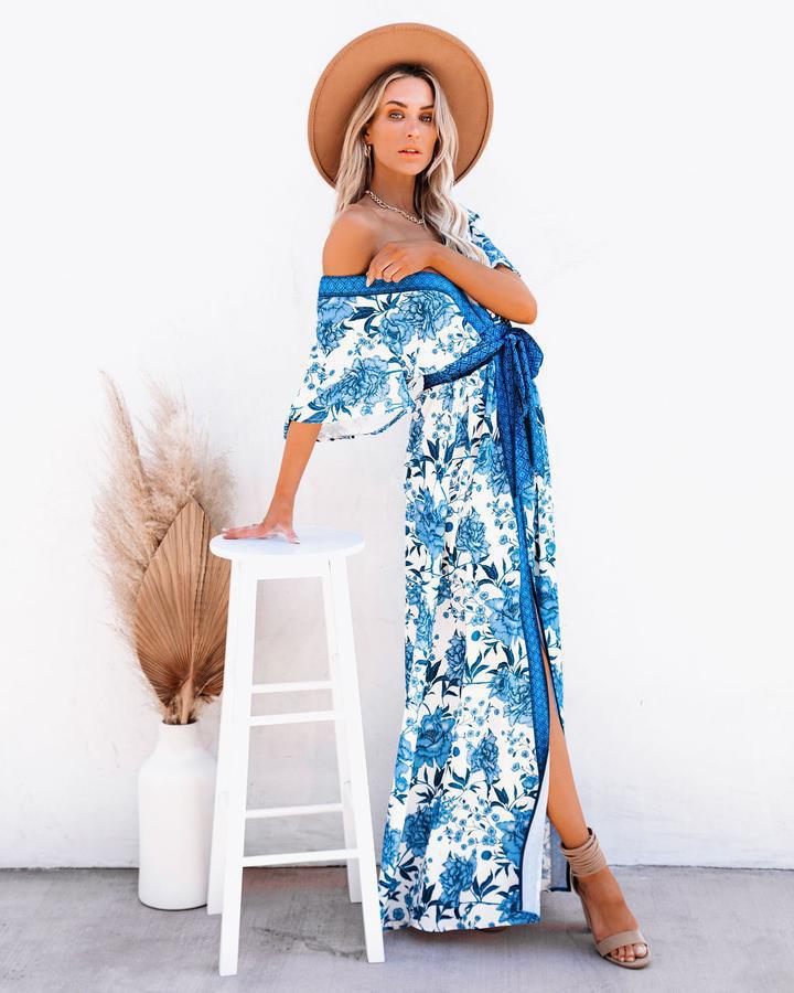 European Style Spring And Summer New Style Floral Slits Tie Temperament Leisure Holiday Style Dress