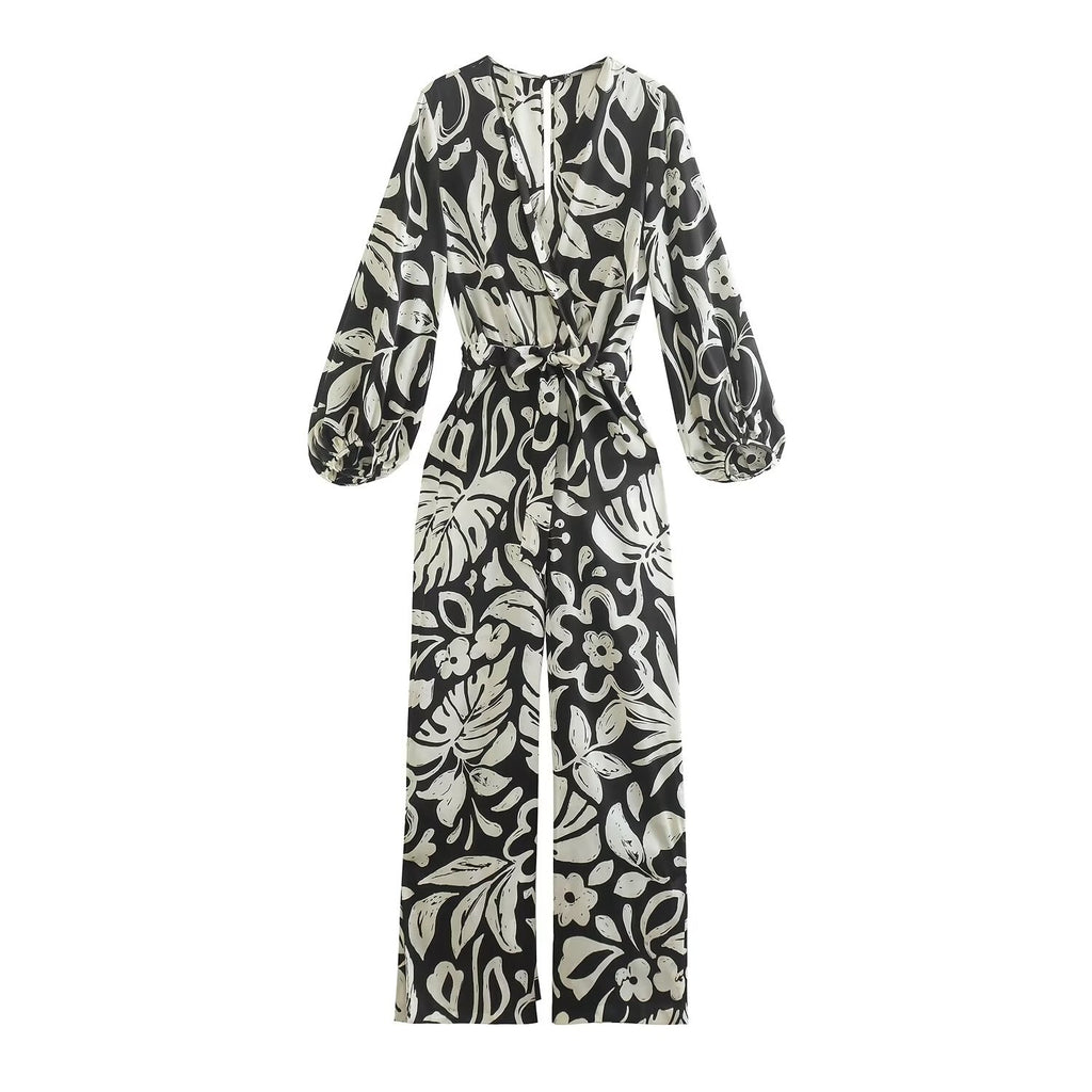 Fashion Women Print Jumpsuits With Belt Spring Autumn Vintage Long Sleeve V-neck Female Causal Playsuits