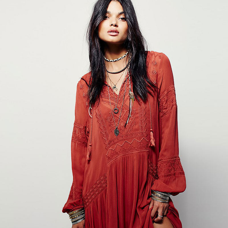 Summer Autumn Ladies Long Sleeve Linen Dress Ethnic Embroidery Hippie Boho People Maxi Robe Long Dress Vestido