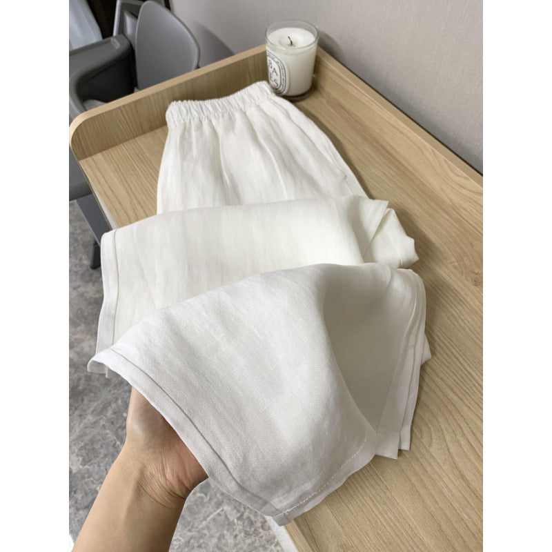 White Linen-Blend Wide-Leg Pants for Women, Summer Lightweight Loose Boho Drapey  Casual Straight Trousers