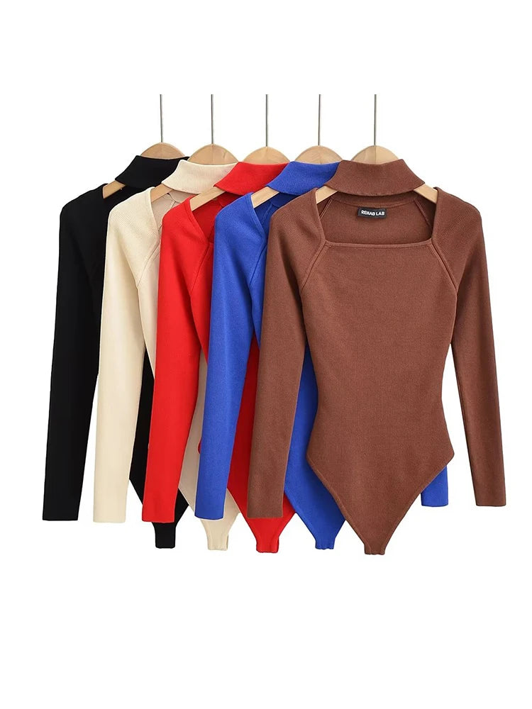 Women Hollow Out Square Collar Bodysuits Long Sleeve Stretchable Slim Jumpsuits