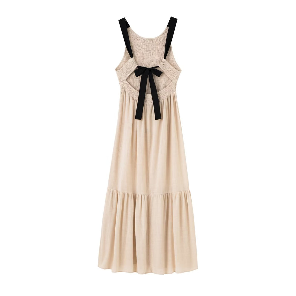 Women Fashion With Tied Smocked Elastic Ruffle Midi Dress Vintage Backless Wide Straps Female Dresses