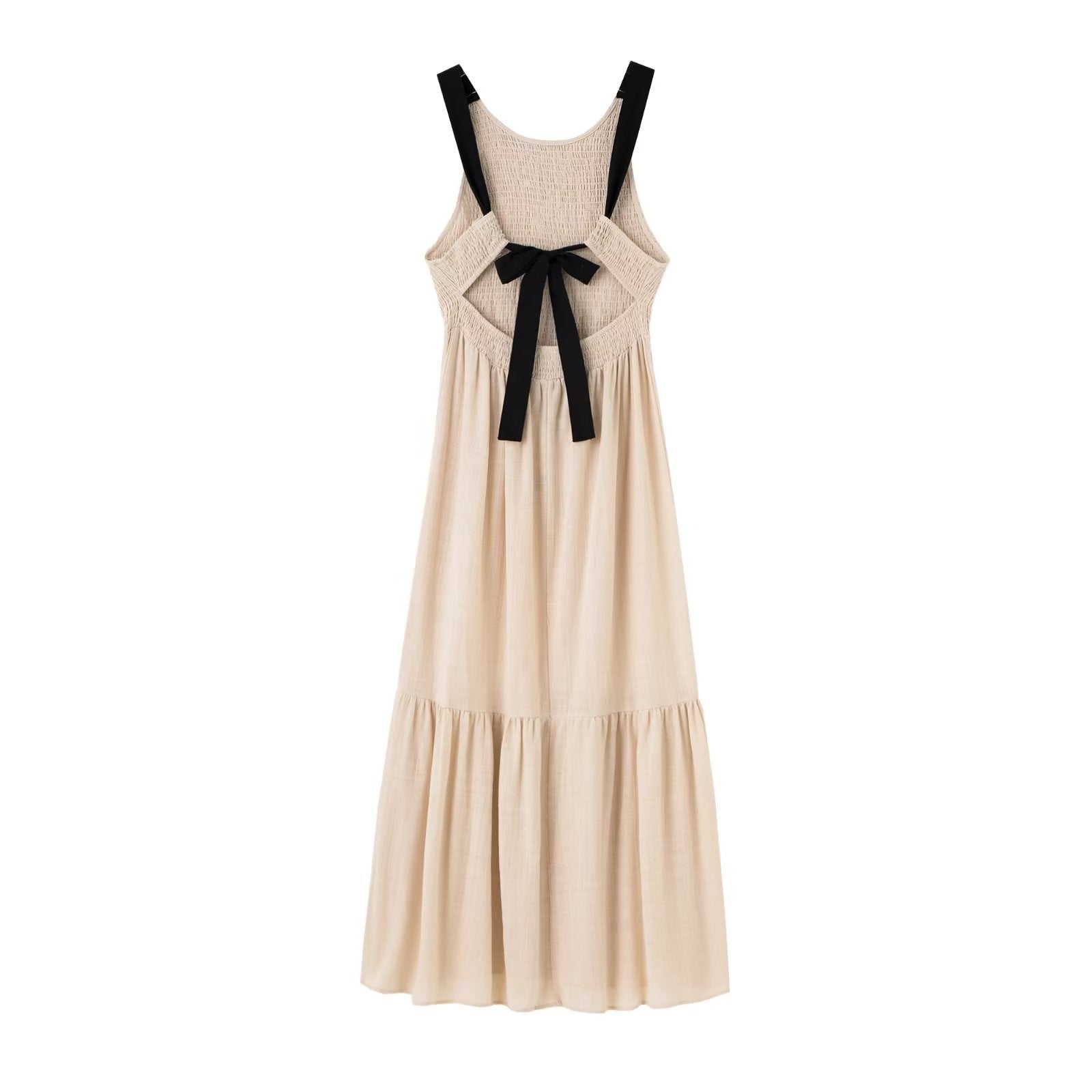Women Fashion With Tied Smocked Elastic Ruffle Midi Dress Vintage Backless Wide Straps Female Dresses