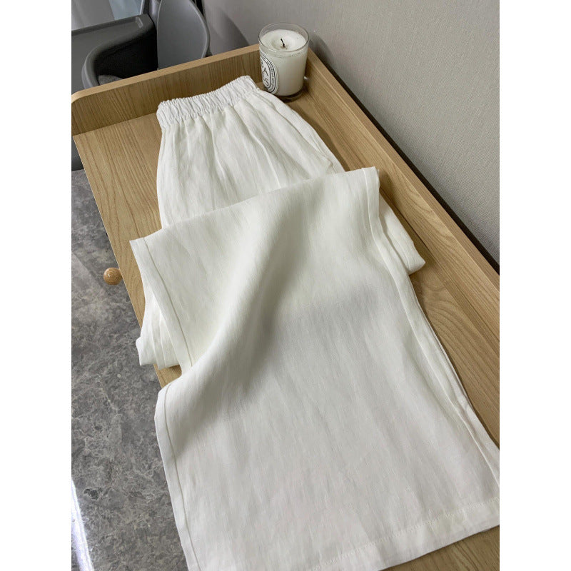 White Linen-Blend Wide-Leg Pants for Women, Summer Lightweight Loose Boho Drapey  Casual Straight Trousers