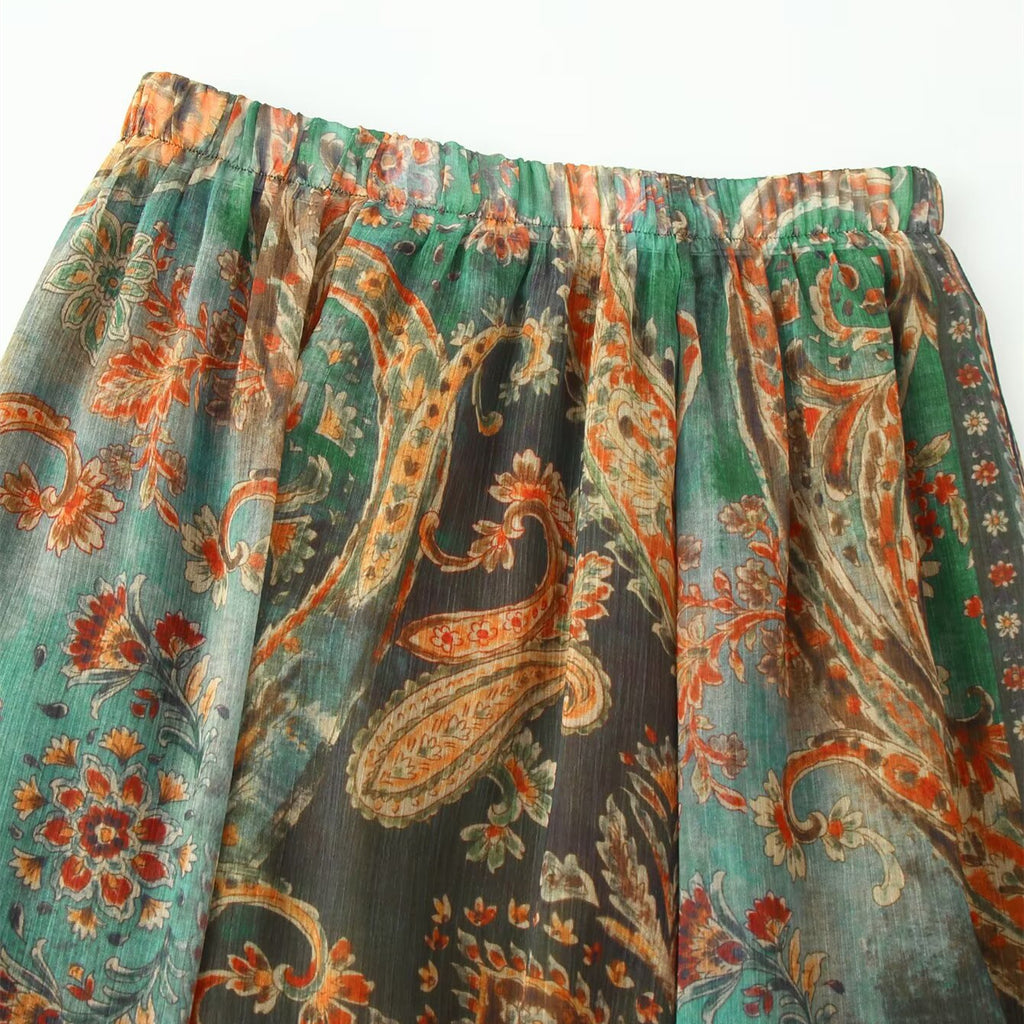 Vintage style printed chiffon midi skirt